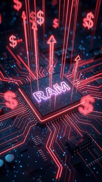 RAM glowing on a red circuit board with dollar symbols, memory shortage crisis, ai data centers demand, rising ram prices, tech market alert.