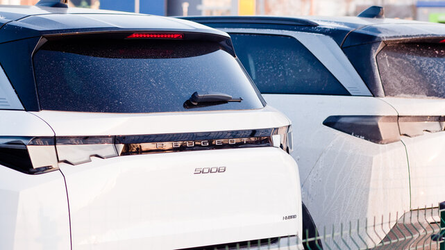 Riga, Latvia - January 24, 2026: The trunk lid of a Peugeot 3008 car on the street near a car center