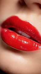 Obraz premium Close-up of glossy red lips with perfect shape and shine, emphasizing beauty and allure