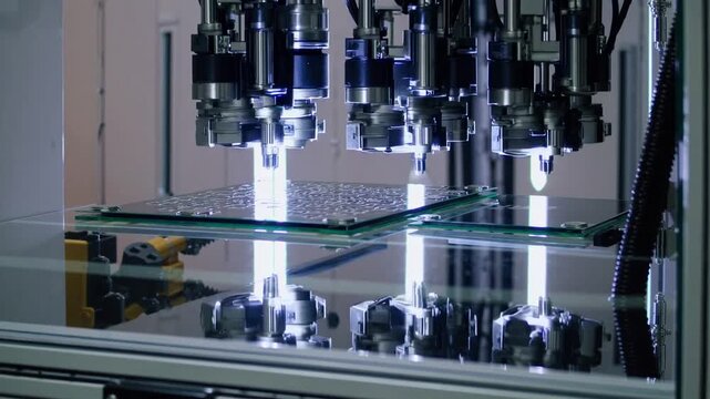 automated glass inspection machine under bright LEDs, multispindle head aligning and testing display panels, vacuum suction securing delicate glass, precision alignment and bonding simulation,