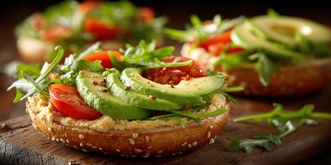 Healthy bagel with avocado, tomatoes, arugula, and hummus spread on a wooden board