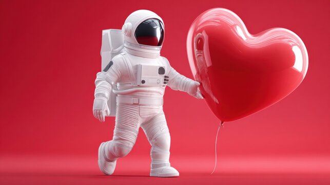 Astronaut holding a large red heart-shaped balloon against a vibrant red background