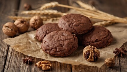 Fototapeta premium Choco Pie cookies rest on parchment. Nearby, walnuts, wheat stalks, and anise are on a wooden table