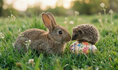 Fototapeta premium Cute rabbit and hedgehog sniffing wooden easter egg in green grass nature photography