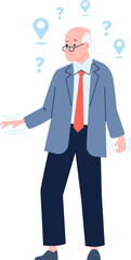 Disorientation symptom color icon. Elderly man character