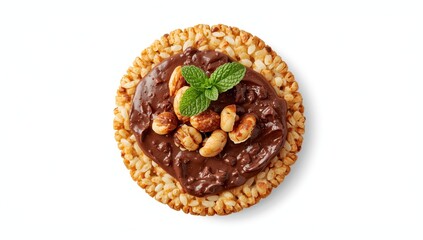 Fototapeta premium Chocolate spread, nuts, and mint on puffed rice cake, top view, white background