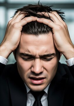 Professional person displays intense distress and frustration while grasping his hair.