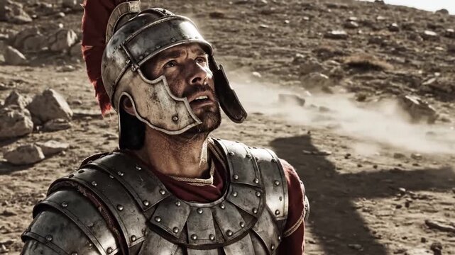 Roman soldier in full armor looking down on rocky ground