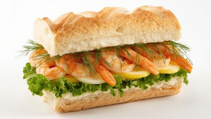 Classic Swedish sandwich featuring soft white bread, lettuce, eggs, shrimp, dill, and lemon, in a square format