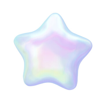 Holographic Iridescent 3D Star Shape with Transparent Background, Pearlescent Glossy Icon