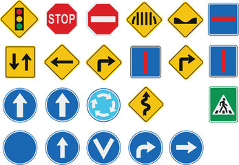 Road Traffic Sign Icon Collection with Direction, Warning, Stop, and Mandatory Symbols for Navigation Design