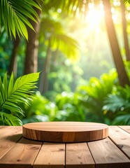 Fototapeta premium Empty wooden product display on a rustic table with a lush green jungle background and bright sunlight.