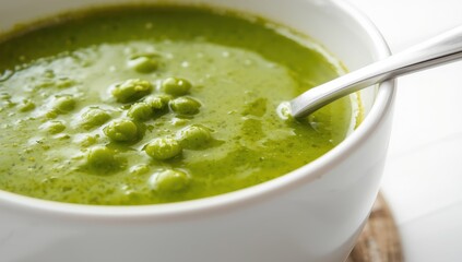 Close-up of a spoon in a bowl of pea soup on a white background