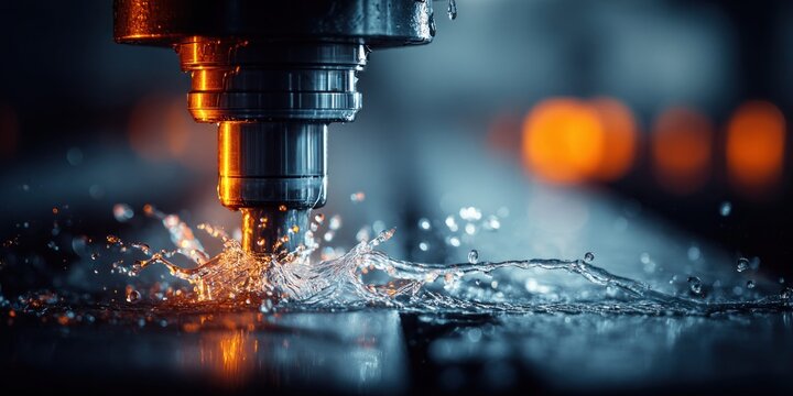 Close-up of industrial CNC milling machine cutting metal with coolant spray