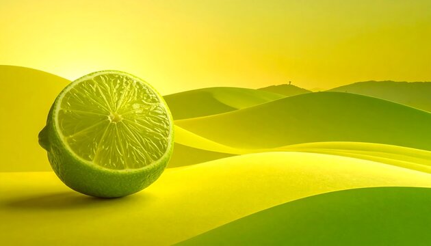 Lime slice atop abstract yellow/green dunes, illuminated by warm lighting