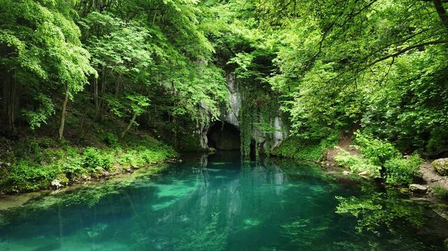 Emerald waters of Krupajsko Vrelo spring surrounded by lush green forest in Serbia. Crystal clear natural source with cave entrance and tranquil reflection