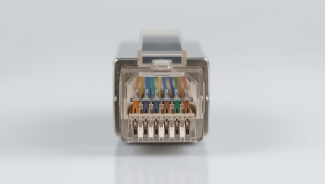 Close-up of an RJ45 Ethernet connector from the front, displaying eight copper contacts and colored wires