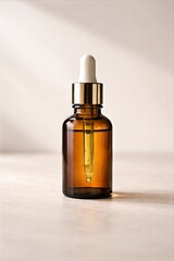 Naklejka premium Small Amber Dropper Bottle on Beige Minimal Background, Skincare Mockup