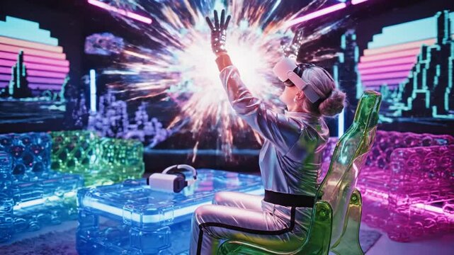 Mature woman uses VR headset in vibrant neon metaverse room
