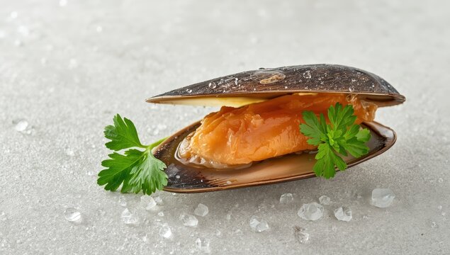 Close-up of prepared Chilean mussel and parsley. Nutritious seafood