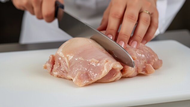 Close-up of raw chicken breast on a white cutting board as the chef slices it