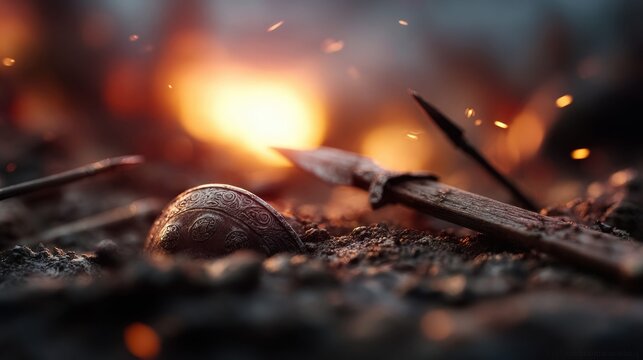 Ancient battle aftermath with a shield fragment and spear tip in the dirt near a fire