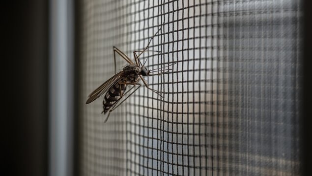 Closeup of a mosquito on a window screen, with selective focus