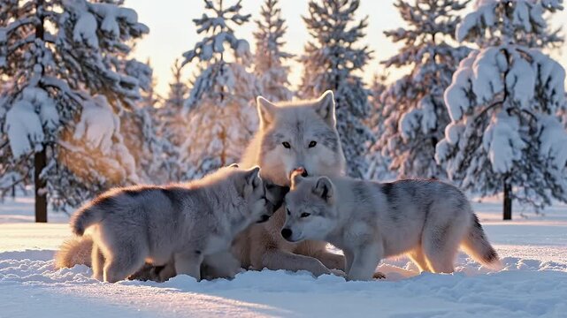 Wolf Family in Snowy Forest Sunlight Filtering Through the Trees Winter Scene