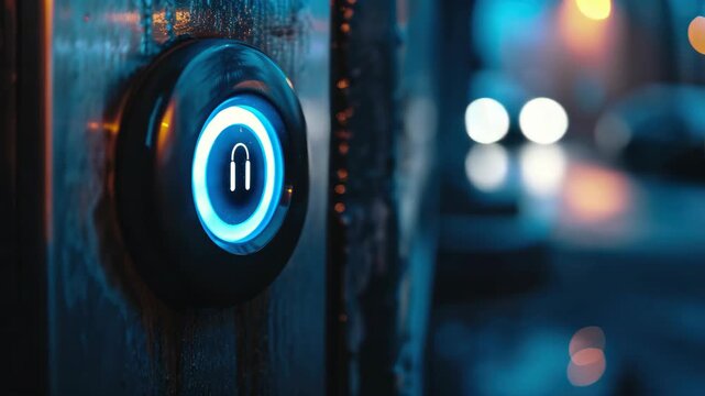 A blue access control button on a door panel with lights in the background.
