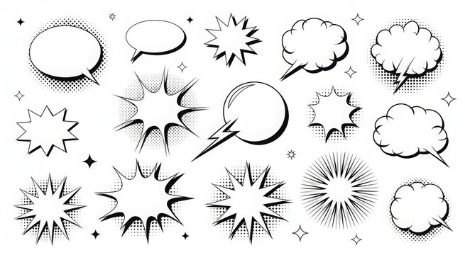 Collection of various comic book speech bubbles and explosion effects, in black and white, with different shapes. 
