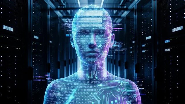 Artificial intelligence digital human cyber face binary code data stream server room neon light future technology virtual reality hologram figure cyberpunk android digital face data center cyber