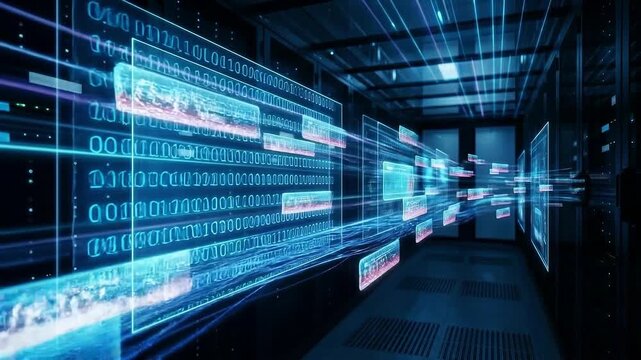 Data stream digital network futuristic server binary code flow cyber communication high speed connection glowing interface blue light technology virtual corridor secure information transfer data