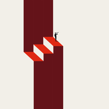 A minimalist business vector concept illustration showing a man looking ahead from floating stairs, highlighting vision despite obstacles and challenges.