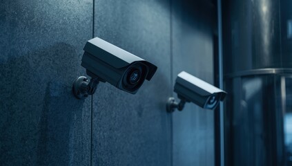 Contemporary wall-mounted surveillance cameras track activities continuously, embodying oversight and monitoring