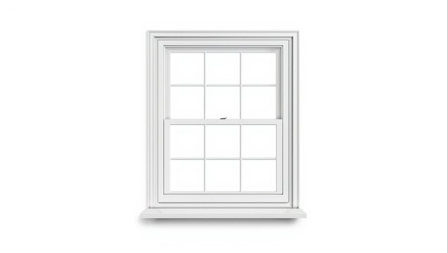Contemporary white plastic window frame with sill on a white backdrop