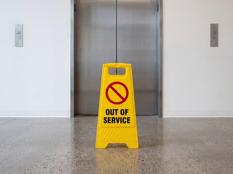 Yellow out of service sign in front of closed elevator doors