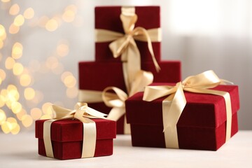 Fototapeta premium Red gift boxes on white table, closeup. Bokeh effect