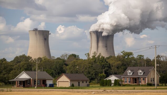 Country houses near Kingston, Tennessee's coal power plant. Air pollution from large coal facility generating electricity. Fossil fuel energy production