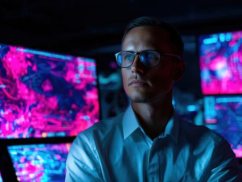 Focused businessman analyzing data on multiple screens in modern office
