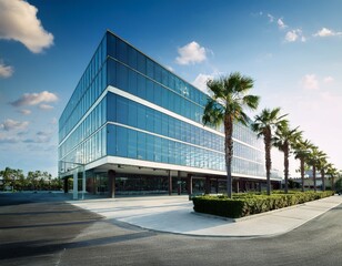 modern office building with palm trees and parking lot