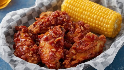 Fototapeta premium Crispy chicken wings in smoky BBQ sauce with bacon, accompanied by creamy corn on the cob
