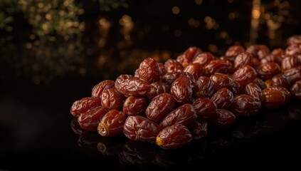 Dates on a dark backdrop; concepts of Ramadan, Hajj, and empty space