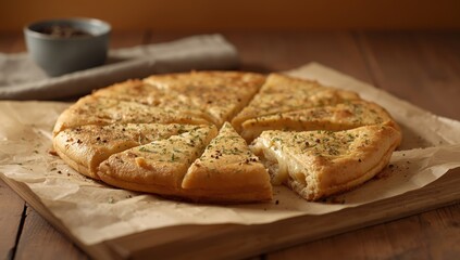 Fototapeta premium Delicious Ossetian cheese pie: round flatbread sliced and served on parchment