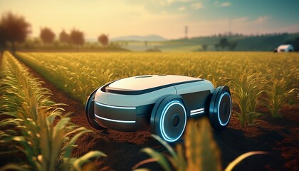 smart farming robot analyzing crops in a field showcasing innovative technology for efficient and sustainable agriculture