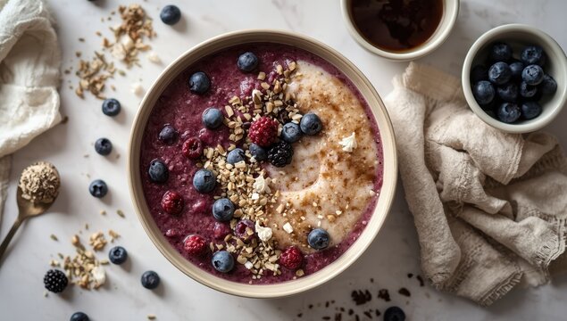 Delicious antioxidant-rich crowberry and blueberry soup accompanied by Scandinavian farina porridge. A delightful healthy meal for breakfast or lunch. Flat lay photo
