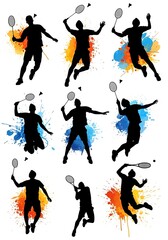 Dynamic Badminton Players Silhouettes with Colorful Splashes - A Sports Illustration.