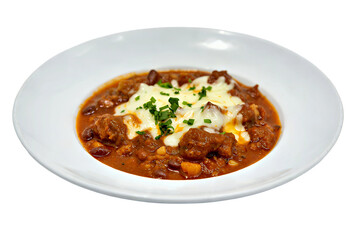 Fototapeta premium Hearty Beef Chili with Beans, Cheese, and Fresh Chives Recipe