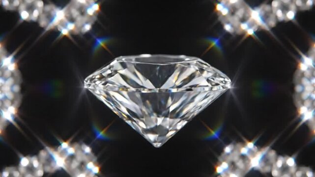 Brilliant cut diamond sparkling with vibrant rainbow light reflections on a dark background