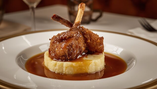 Delicious crispy pork cheeks with potatoes. High-quality image