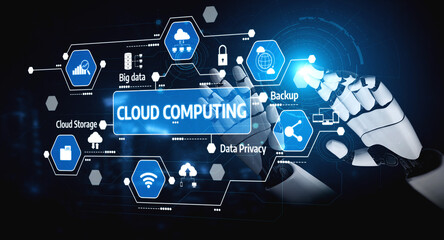 Visual representation of cloud computing showcasing a robotic hand interacting with various data icons. This image symbolizes the future of technology and data management. Tessel